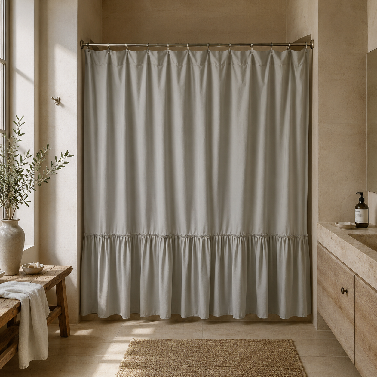 CORTINA DE BAÑO ALGODÓN VUELOS GRIS PERLA