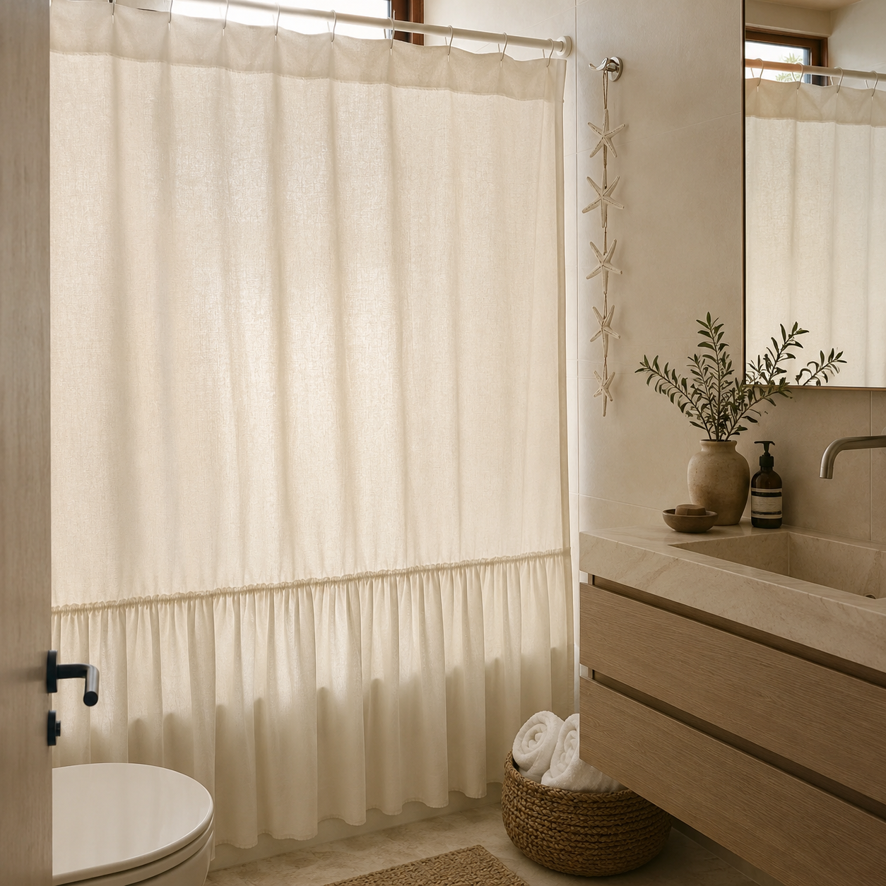 CORTINA DE BAÑO ALGODÓN VUELOS BEIGE